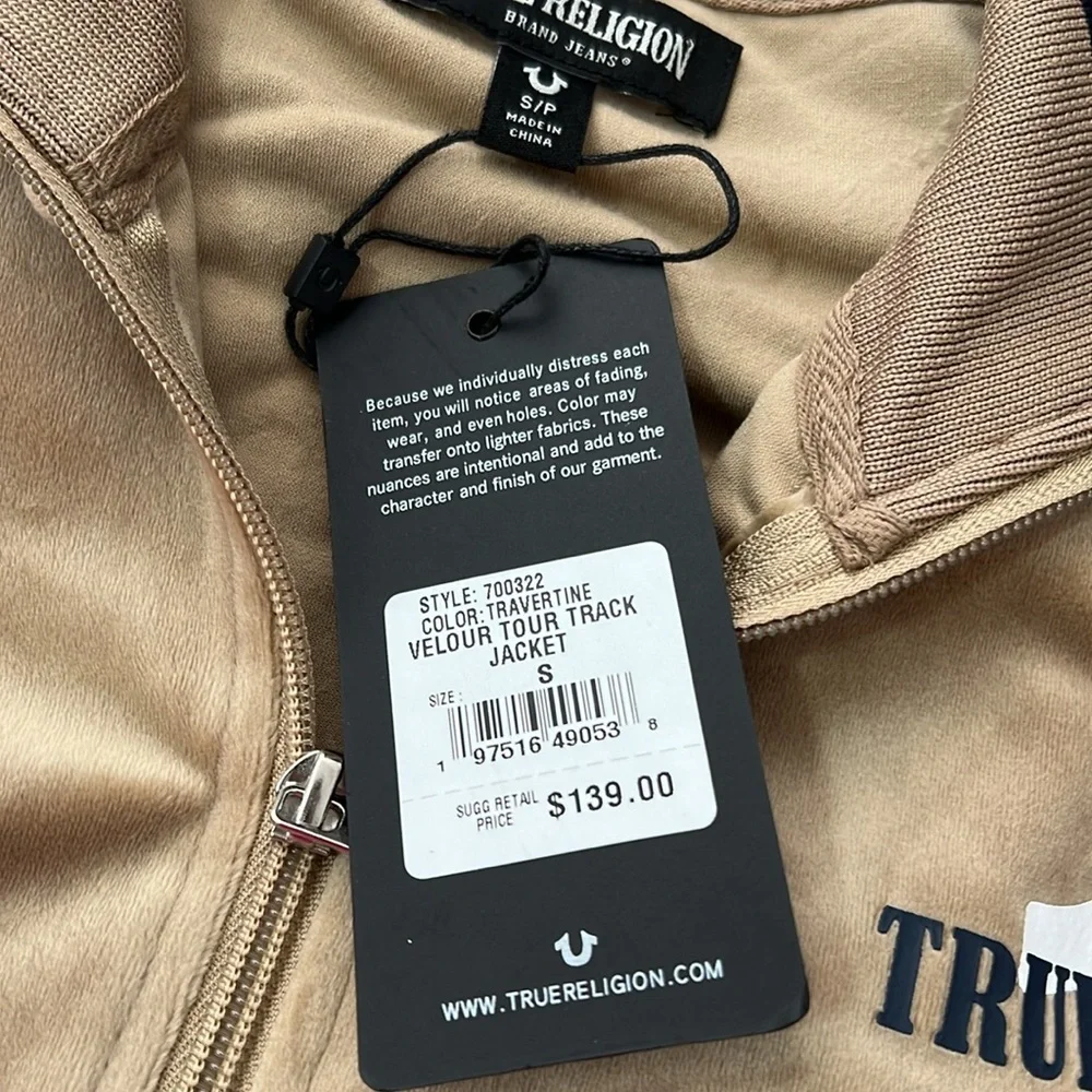 NWT True Religion Men's Velour Logo Track Jacket Travertine Color Small S
